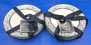NEW Ciroa Veluto Black Porcelain Dessert/Appetizer Plates 5.9" B/W Scroll Set/8